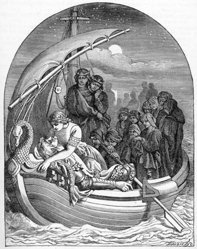The dying King Arthur is carried away to Avalon on a magical ship with three queens, 1901 by Dalziel Brothers